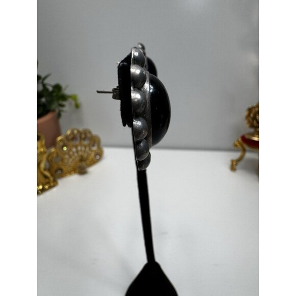 Mexican Sterling Silver Taxco Mexico Cabochon Onyx Oval Stud Earrings Modernist - Picture 4 of 10